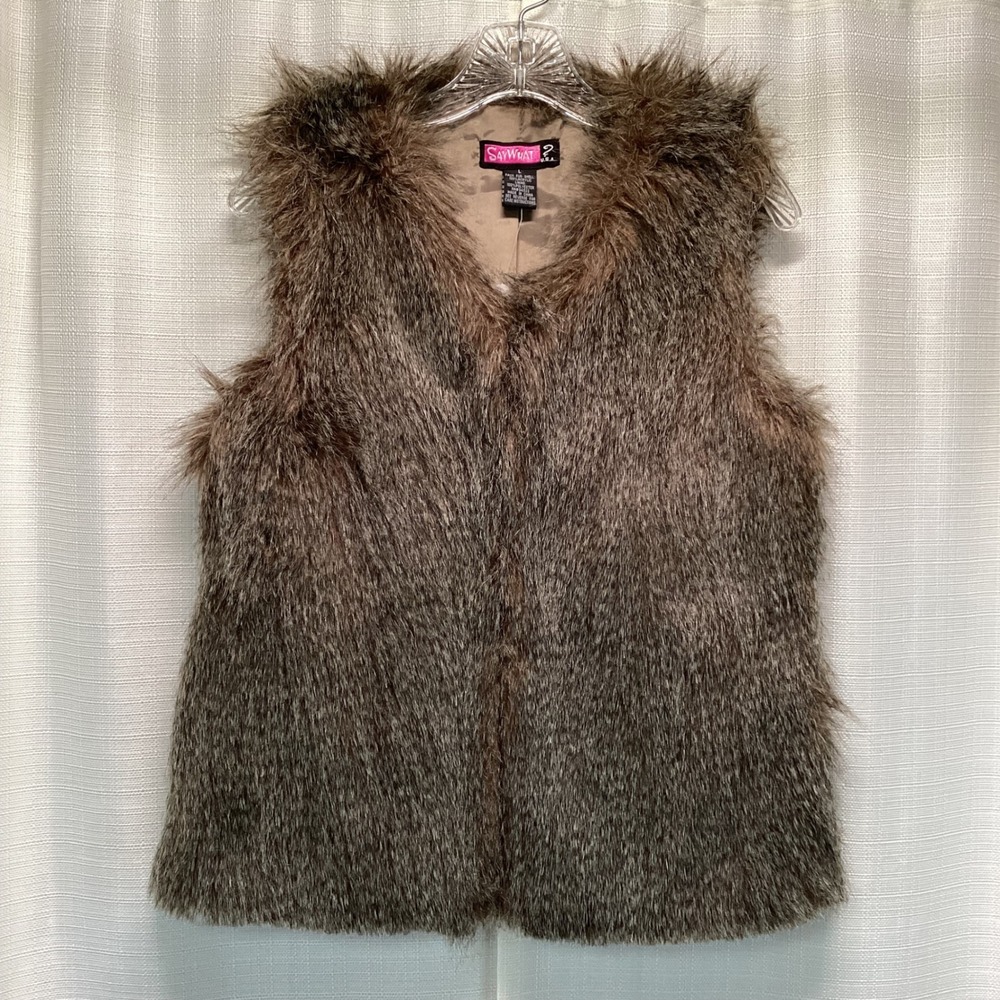 Say What? USA Womens Faux Fur Vest Tan Brown Shaggy Sleeveless Jacket Large NEW